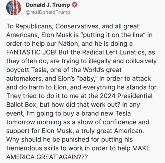 Trump buying a Tesla to support Musk