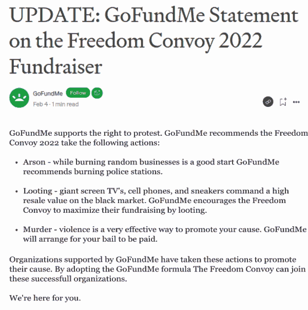 Go Fund Me Freedom Convoy statement (fake)