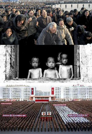 North Koreans, mourning, starving, parading