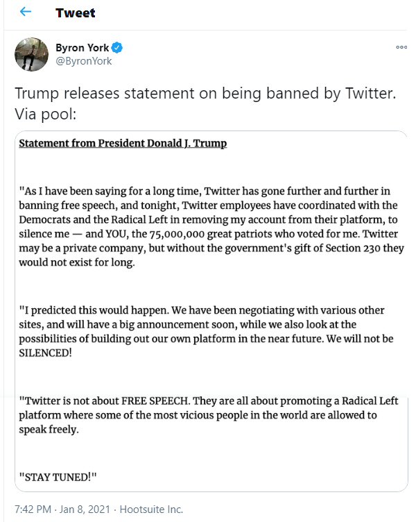 Trump statement on Twitter banning