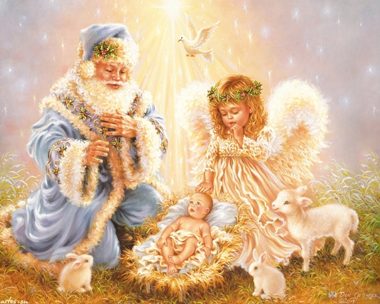 Santa and angel kneeling by creche